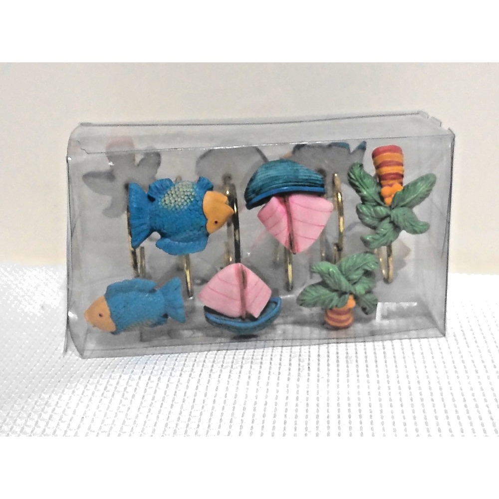 Kohl's Set of 12 Summer Paradise Shower Hooks 2"  Fish Sail Boat Palm Trees NOS